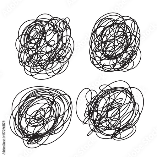 Doodle clew. Chaos lines, hand drawing tangled clew, insane mess scribble, confused brain thinking doodle, clutter complicated concept. Squiggles and scrawl vector set in eps 10.