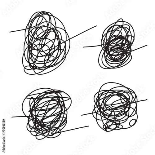 Doodle clew. Chaos lines, hand drawing tangled clew, insane mess scribble, confused brain thinking doodle, clutter complicated concept. Squiggles and scrawl vector set in eps 10.