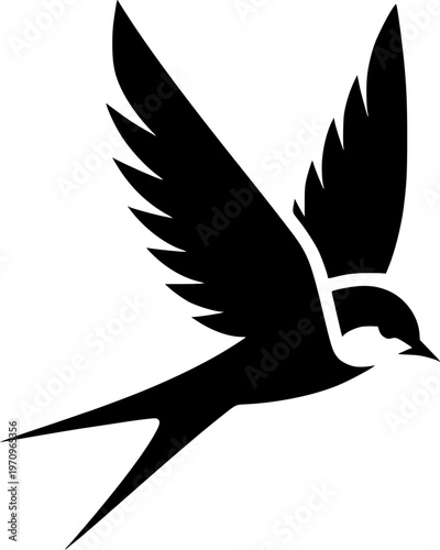 Soaring Silhouette: An elegant black swallow takes flight against a contrasting backdrop, representing freedom and agility, perfect for conveying movement, travel and nature.