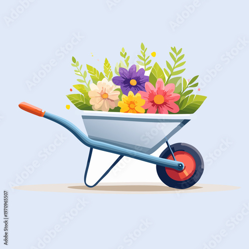 Wheelbarrow full of colorful flowers in the garden.