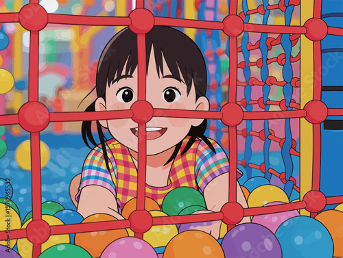Child plays happily in colorful ball pit inside indoor play area at afternoon