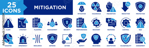 Mitigation Icon Set Collection. Icon Pack Contain Mitigation, Prevention, Reduction, Control, Protection, Security, Planning, Preparedness, Management, Response