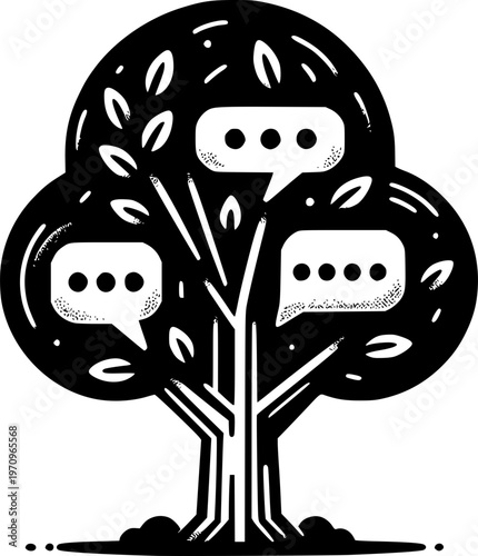 Tree of Dialogue: An illustration of a stylized tree with speech bubbles integrated within its branches, symbolizing communication, interaction, and information sharing.