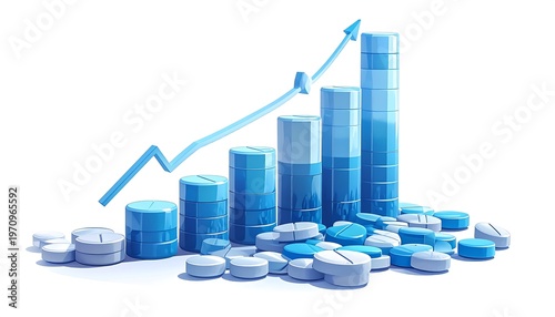 A medical illustration showcasing growth. Blue pills form ascending bar graphs, and an upward-pointing arrow indicates progress