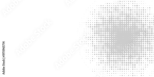 Abstract minimalist grey halftone dots pattern on white background with circular gradient effect and clean copy space for modern professional graphic design and corporate branding