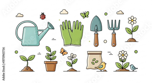 Gardening tools and plants with flowers seeds and insects on white background