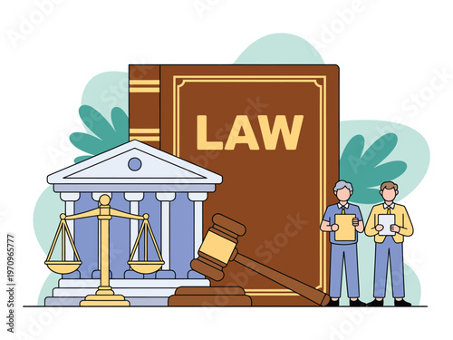 A graphic illustration of law and justice with legal professionals