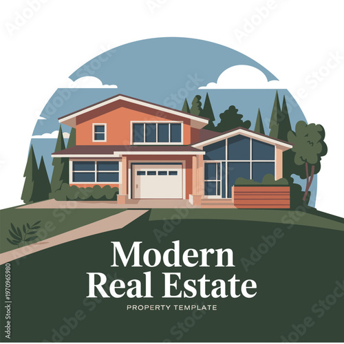 Orange two story suburban house with garage and large windows