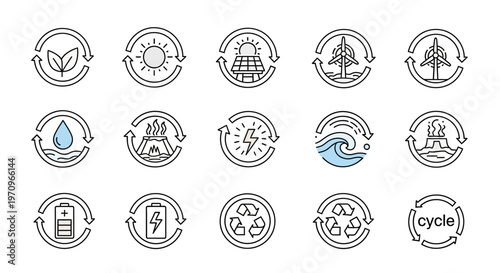 Renewable Energy and Eco-Friendly Line Icons Set for Sustainable Development