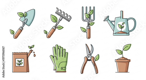 Gardening tools and accessories for planting and nurturing including gloves pruners and pots