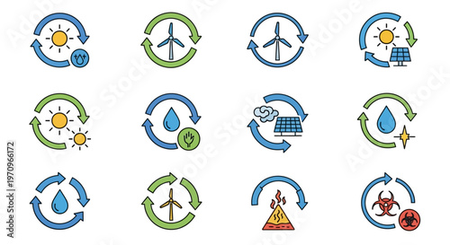 Renewable Energy and Environmental Sustainability Icons Set