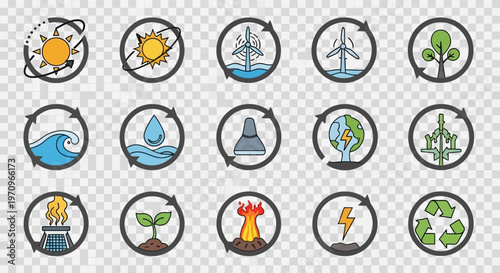 Renewable Energy and Environmental Icons Set with Recycling Arrows