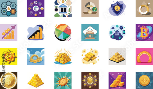 Diverse collection of finance, investment, and wealth vector illustrations for various projects.