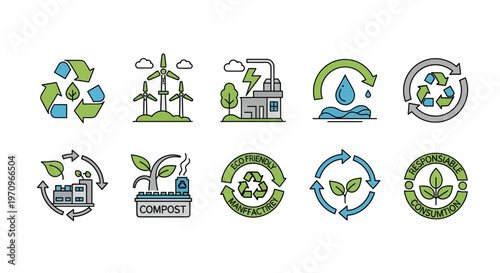 Sustainable energy and ecology icons set. Recycling, wind power, solar, water conservation symbols.