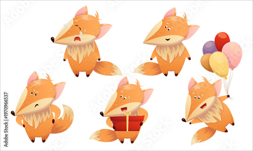 A set of flat vector images of cute foxes. Cat, flat, kitten, emotions, comics