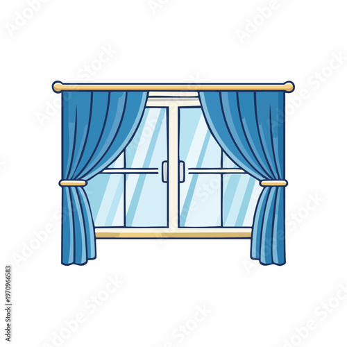 Window with Blue Curtains Illustration.