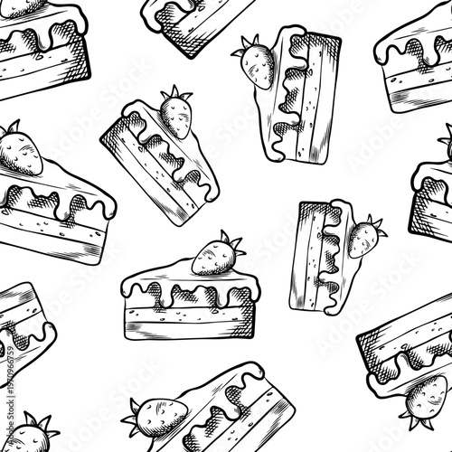 Background with vector sweets. Seamless hand-drawn pattern with a black and white cake for fabric, decor, and elements