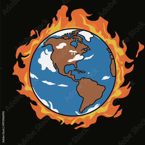 Fire surrounds the Earth illustrating climate change and global warming concerns in a bold graphic design