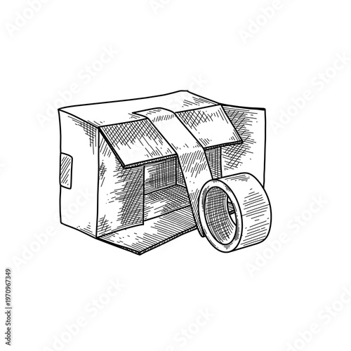 hand drawn packing cardboard box with tape line art vector illustration