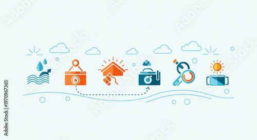 Business workflow icons with symbols for office tasks and productivity tools on a light blue background