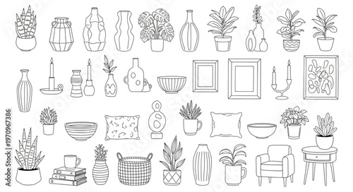 Collection of Hand-Drawn Potted Plants and Decorative Objects.