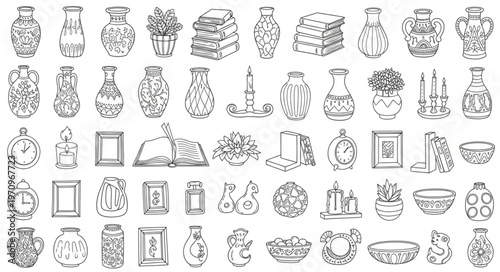 Collection of Hand-Drawn Sketch Objects and Vases.