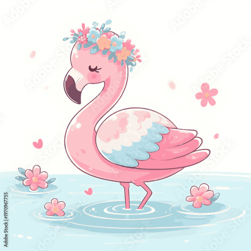 Cute pink flamingo with floral crown standing in water with flowers