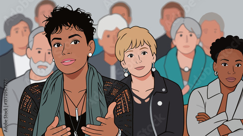 Women speaking at a panel discussion with an engaged audience in a conference room setting