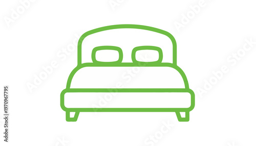 Green neon line art of a bed with headboard and two pillows