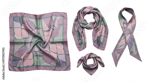 Foto Versatile silk scarf with pastel geometric pattern, showcasing various wearing and styling options