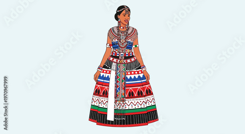 Woman in Traditional African Attire, Colorful Beaded Jewelry, Festive Dress