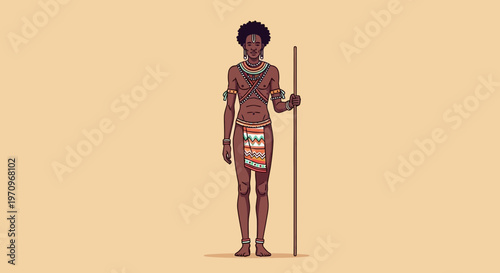 African Warrior with Spear, Traditional Attire, Isolated on Beige Background