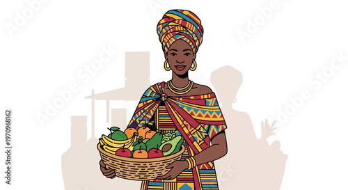 African woman in traditional clothing holding a basket of fresh fruits and vegetables