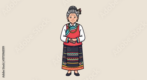 Elderly Chinese Woman in Traditional Ethnic Clothing, Full Body Portrait