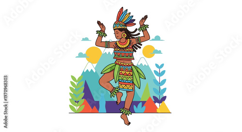 Indigenous woman dancing in traditional attire with vibrant mountains and sun