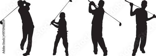 Silhouettes of four male golfers performing various swings and poses with golf clubs.