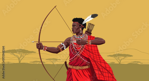 Maasai Archer Aiming Bow in Savannah Landscape
