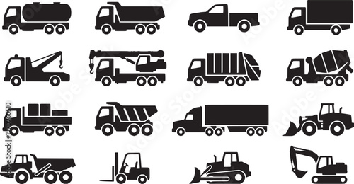 Collection of black heavy duty industrial vehicle silhouettes for construction and freight logistics work