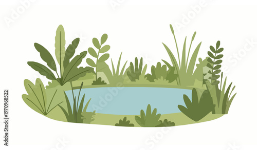 Serene small pond cartoon flat vector illustration isolated on white