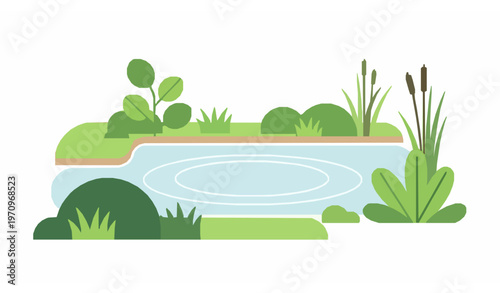 Cartoon pond with greenery flat vector landscape illustration