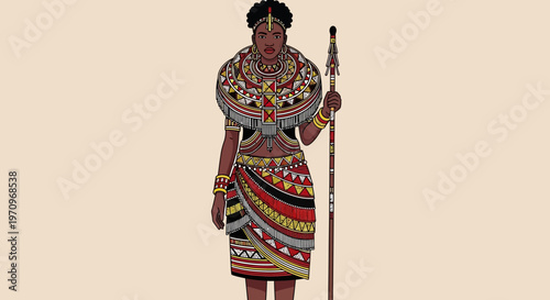 Maasai Woman in Traditional Attire Holding a Staff