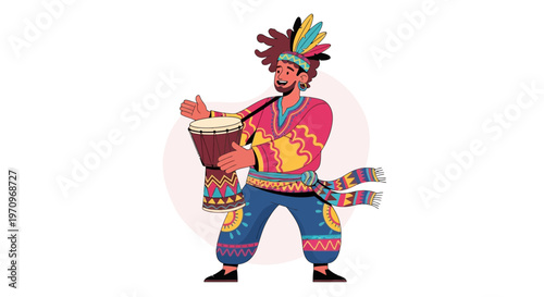 Man playing djembe drum in colorful traditional costume