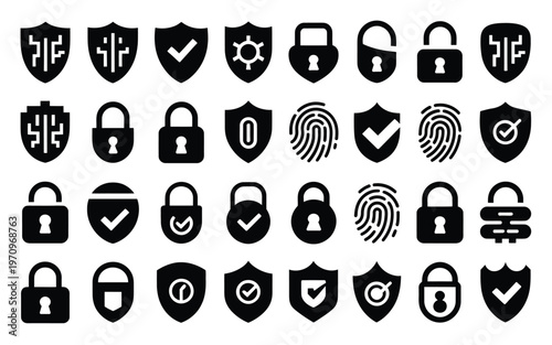 Collection of black and white security symbols and icons including locks shields keys fingerprints and checkmarks isolated on white background