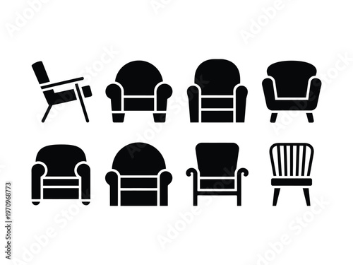 A collection of various black chair icons on a white background