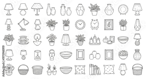 Collection of Hand-Drawn Icons Representing Various Objects and Plants.