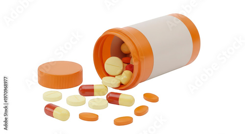 A 3d rendering of an orange and white prescription bottle lying on its side with the cap off and pills spilling out onto a white surface isolated on transparent background