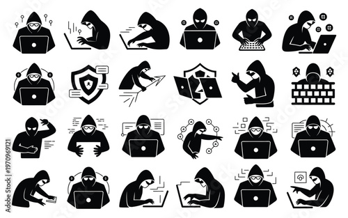 Hooded hackers using laptops with various emotions and actions on white background