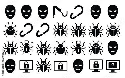 Collection of hacker and cybercrime icons including bugs masks and computer security symbols in black on white background