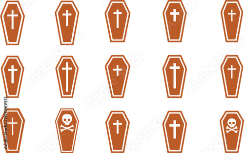 A repeating pattern of brown coffin icons with crosses and skull and crossbones
