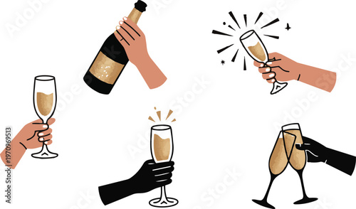 Set of halftone hands holding champagne glasses with sparkling golden drink Vintage magazine clipping stickers. Modern retro vector illustration for Christmas and New Year collage mixed media design